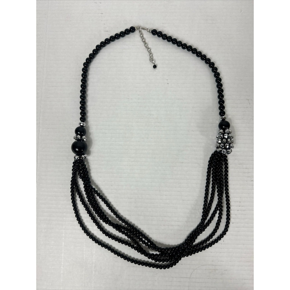 Multi Strand Black Beaded‎ Necklace Rhinestone Station Costume Fashion Jewelry
